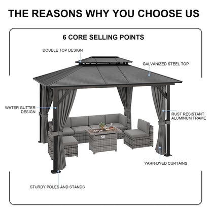 Mazonvintage 12' x 10' Double Roof Hardtop Gazebo, Aluminum Frame with Netting & Curtains