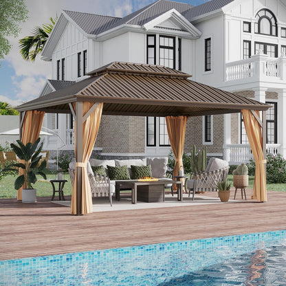 Mazonvintage 12' x 16' Mazonvintage Gazebo, Brown, Double Roof, Galvanized Steel, Netting & Curtains