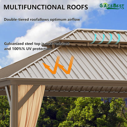 Mazonvintage 12' x 16' Mazonvintage Gazebo, Brown, Double Roof, Galvanized Steel, Netting & Curtains