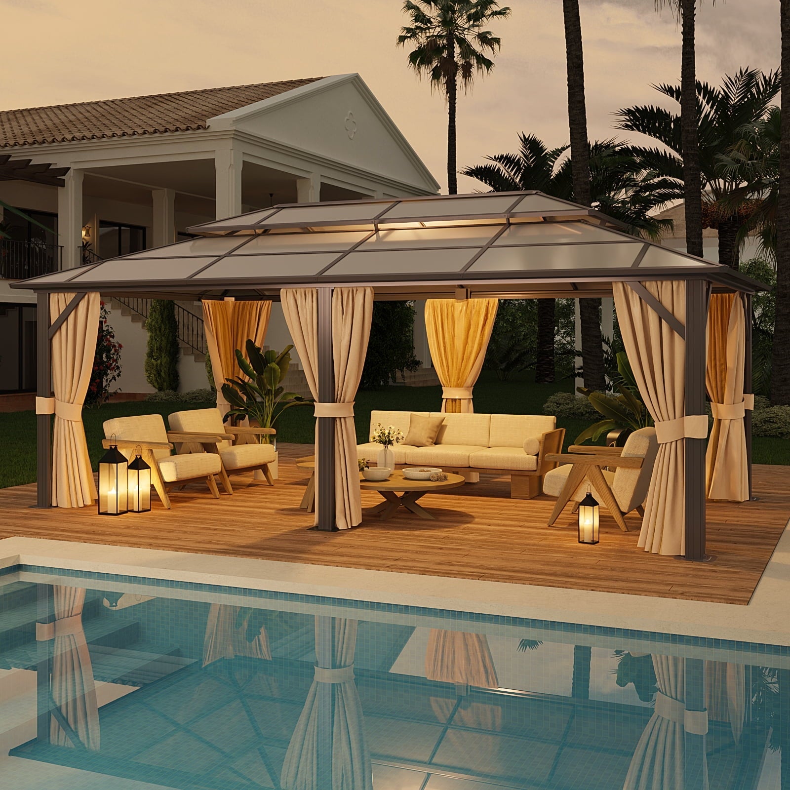 Mazonvintage 12x20FT Hardtop Gazebo, Aluminum Frame Permanent Pavilion with Curtains and Netting, Outdoor Polycarbonate Double Roof Canopy, Designed for Garden, Lawns, Patio