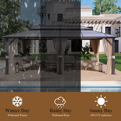 Mazonvintage 12x20FT Hardtop Gazebo, Aluminum Frame Permanent Pavilion with Curtains and Netting, Outdoor Polycarbonate Double Roof Canopy, Designed for Garden, Lawns, Patio