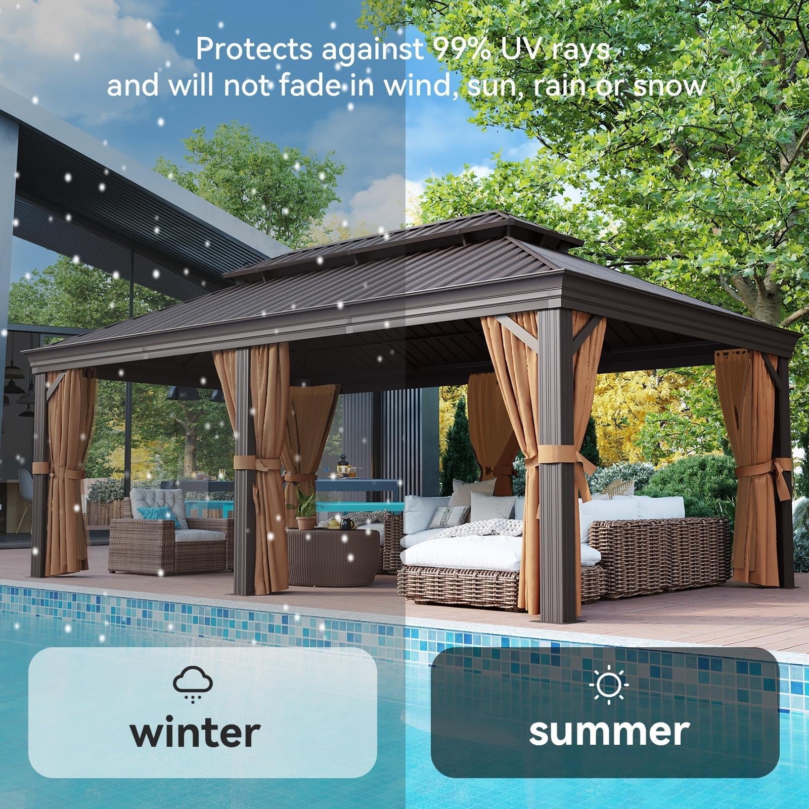 Mazonvintage 12 ft. x 20 ft. Outdoor Hardtop Gazebo, Galvanized Steel Double Roof Gazebo with Curtain and Netting