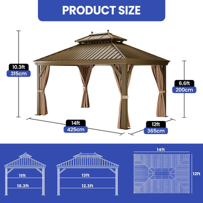 Mazonvintage 12' x 14'  Outdoor Hardtop Gazebo with Netting & Shaded Curtains, Heavy Duty Double Roof Galvanized Steel Garden Tent for Patio, Mazonvintage, Bronze