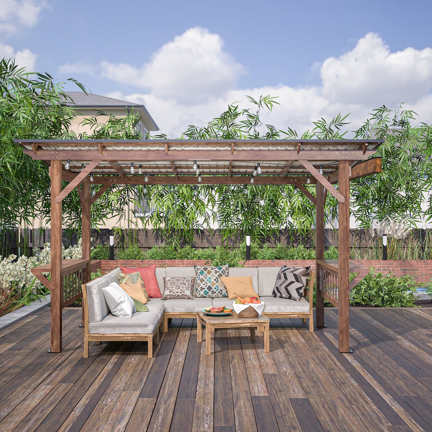 13' x 6.5' Wooden Grill Gazebo with Metal Roof, Bulbs & Bar Counters - Weather-Resistant BBQ Shelter