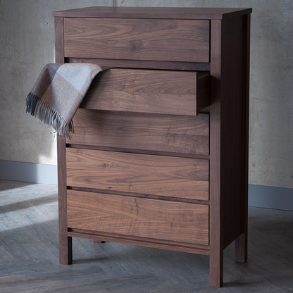 Caressa Walnut Wood Chest of 5 Drawers