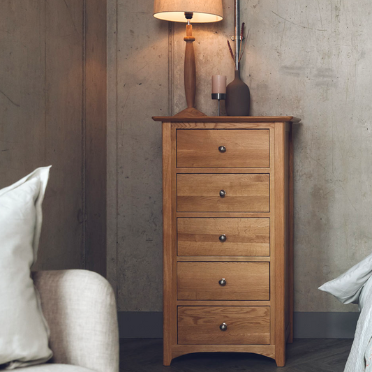 Cari Oak Wood Chest of 5 Drawers