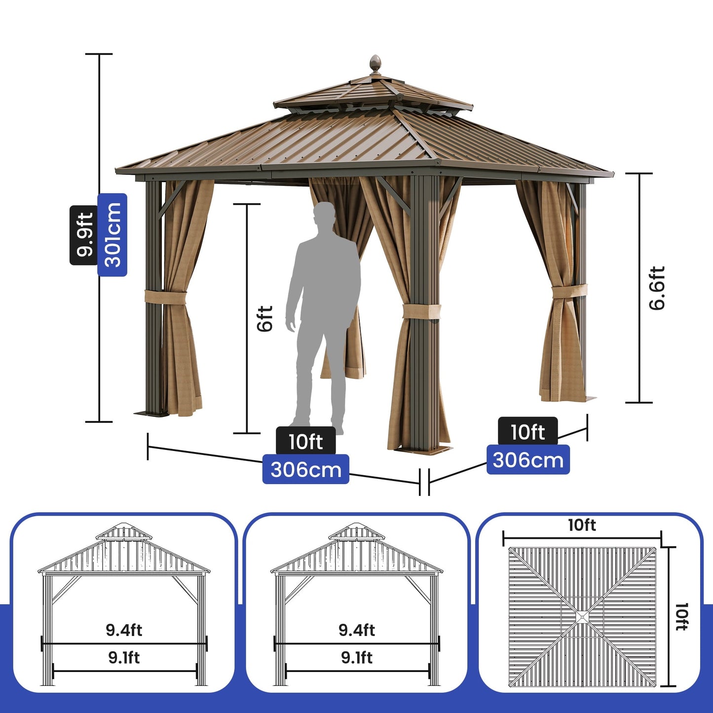 Mazonvintage 10' x 10' Double Roof Gazebo: Heavy Duty Galvanized Steel wit Netting and Curtains in Bronze