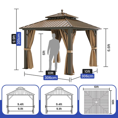 Mazonvintage 10' x 10' Double Roof Gazebo: Heavy Duty Galvanized Steel wit Netting and Curtains in Bronze