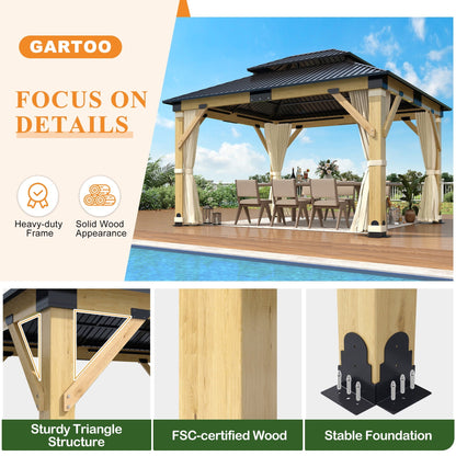Mazonvintage 11 x 13 ft. Patio Cedar Wood Gazebo, Double Metal Roof Hardtop Wooden Gazebos with Curtains and Netting for Mazonvintage, Deck, Lawns