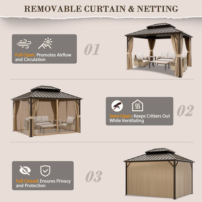 Mazonvintage PEAK 10'x 12' Outdoor Patio Hardtop Gazebo with Aluminum Frame, Galvanized Steel Double Roof with Netting and Curtains for Garden, Yard, Lawns, Brown