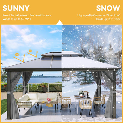 Mazonvintage 12x16FT Double Roof Gazebo Canopy, Outdoor Gazebo with Netting and Shaded Curtains, Aluminum Frame Hardtop Garden Tent for Patio, Mazonvintage and Lawns, Grey Curtain