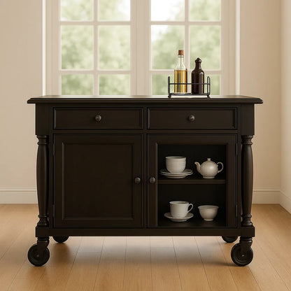 Dark Wood Kitchen Cabinet With Drawers, Doors And Side Open Shelves