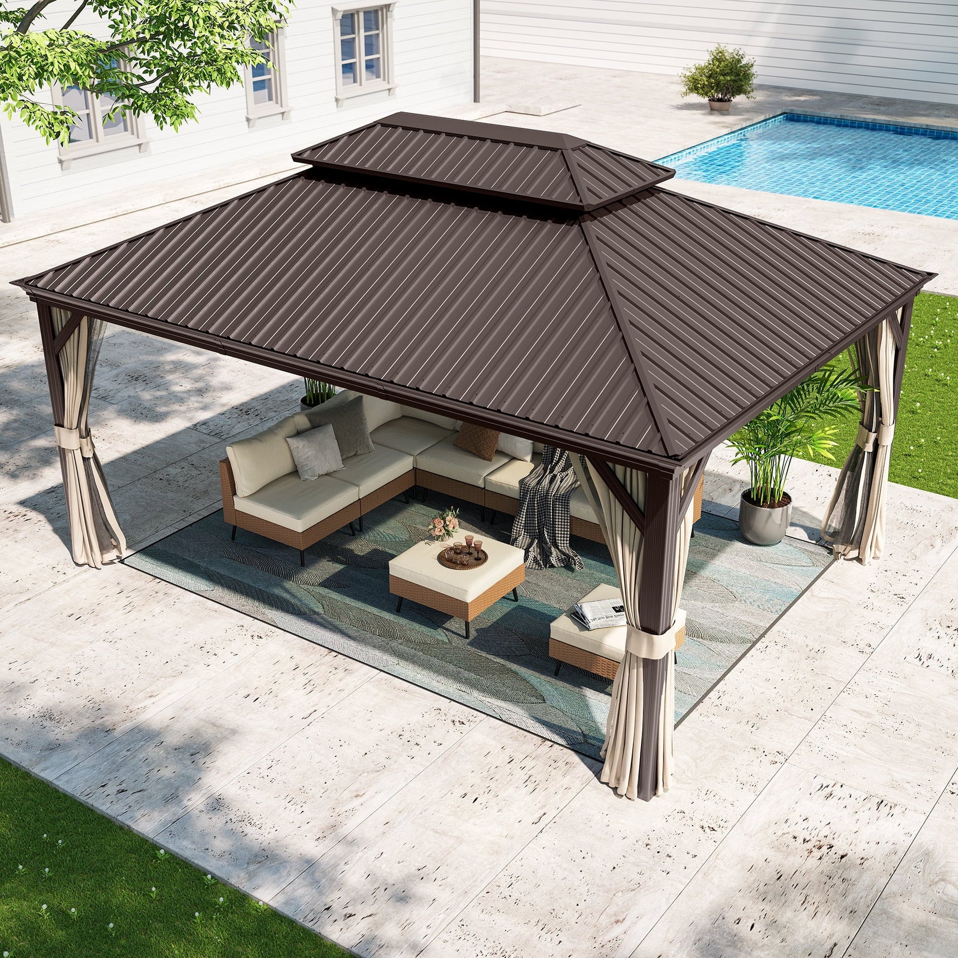 Mazonvintage HOME 12' x 16' Hardtop Patio Gazebo, 2-Tier Permanent Aluminum Hardtop with Mosquito Netting and Privacy Curtain, Brown