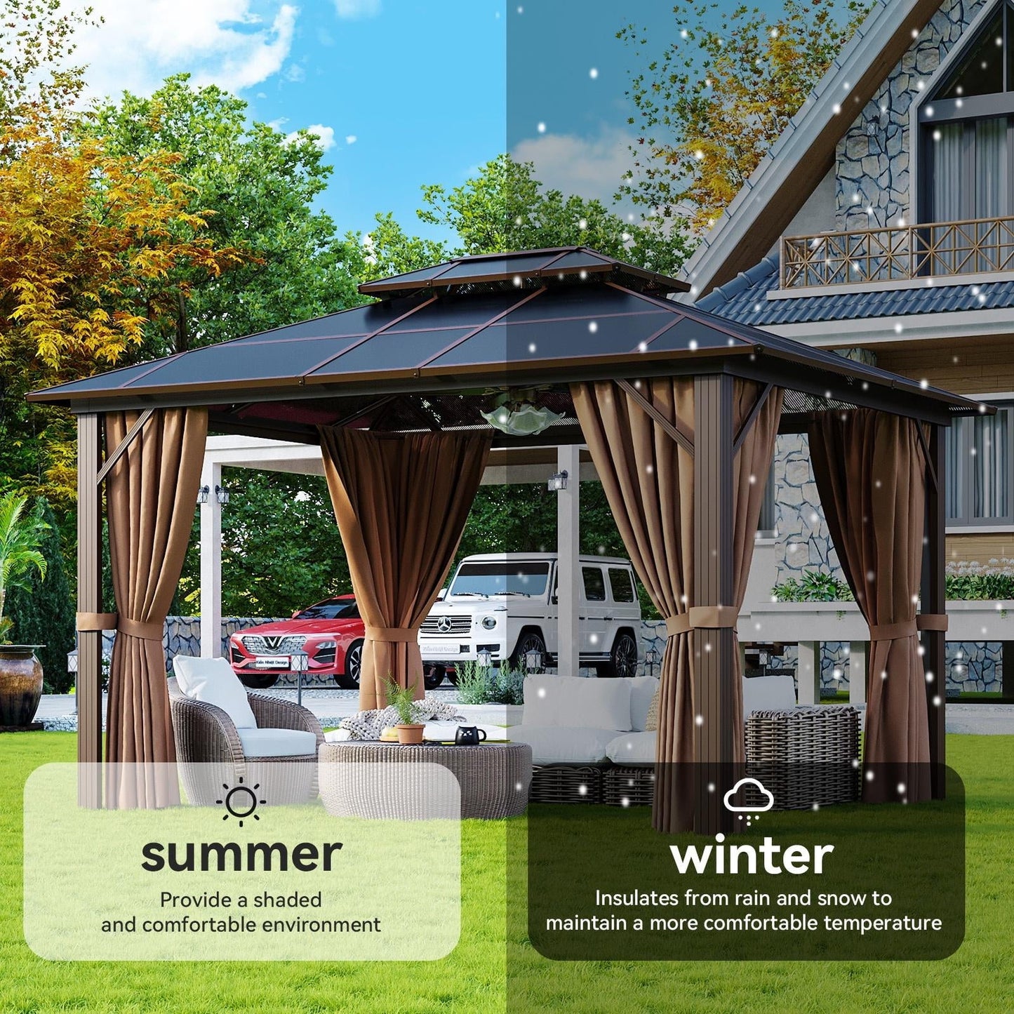 Mazonvintage 10 ft. x 12 ft. Hardtop Gazebo, Double Polycarbonate Roof Aluminum Frame Gazebo W/Curtain and Netting, Brown