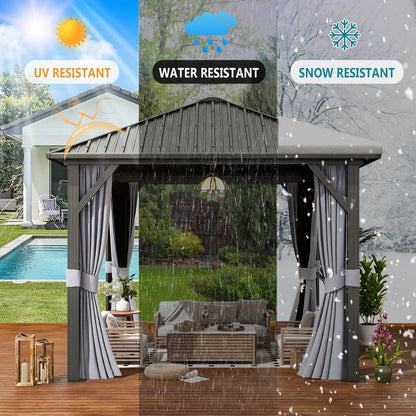 Mazonvintage 10x 10 Hardtop Gazebo, Outdoor Aluminum Frame Canopy with Netting and Curtain for Garden, Patio, Lawns, Gray