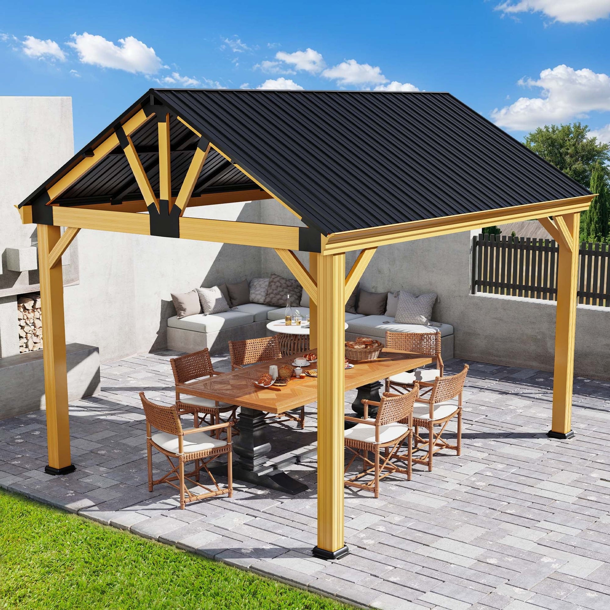 Mazonvintage 11' x13.8' Outdoor Gazebo, Hardtop Gazebo with Galvanized Steel Top Pavilion Gable Roof, for Patio, Garden, Balcony