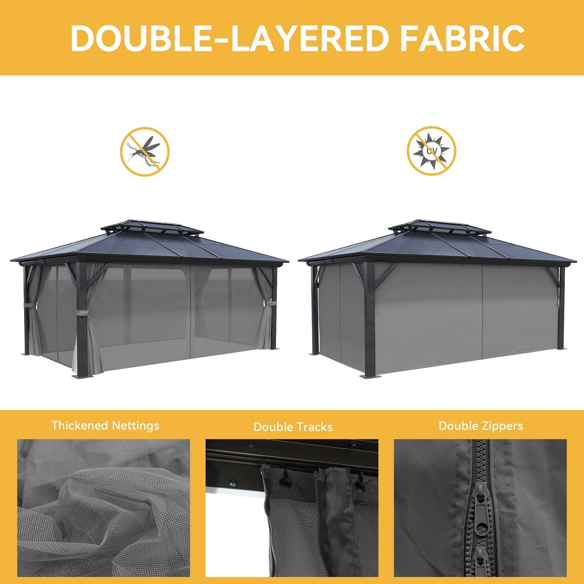 Mazonvintage 12x16FT Double Roof Gazebo Canopy, Outdoor Gazebo with Netting and Shaded Curtains, Aluminum Frame Hardtop Garden Tent for Patio, Mazonvintage and Lawns, Grey Curtain