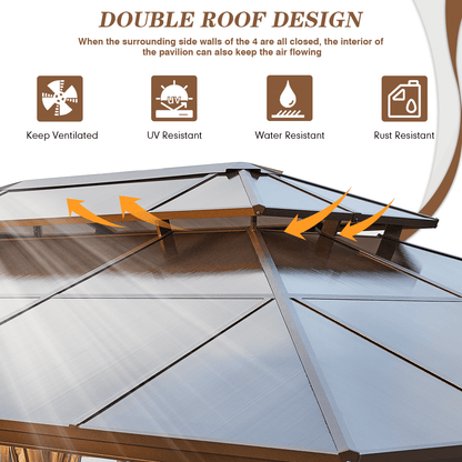 Mazonvintage 12'x20' Gazebo Polycarbonate Double Roof Canopy with Aluminum Frame, Outdoor Permanent Metal Pavilion with Netting and Curtains for Garden Patio Lawns