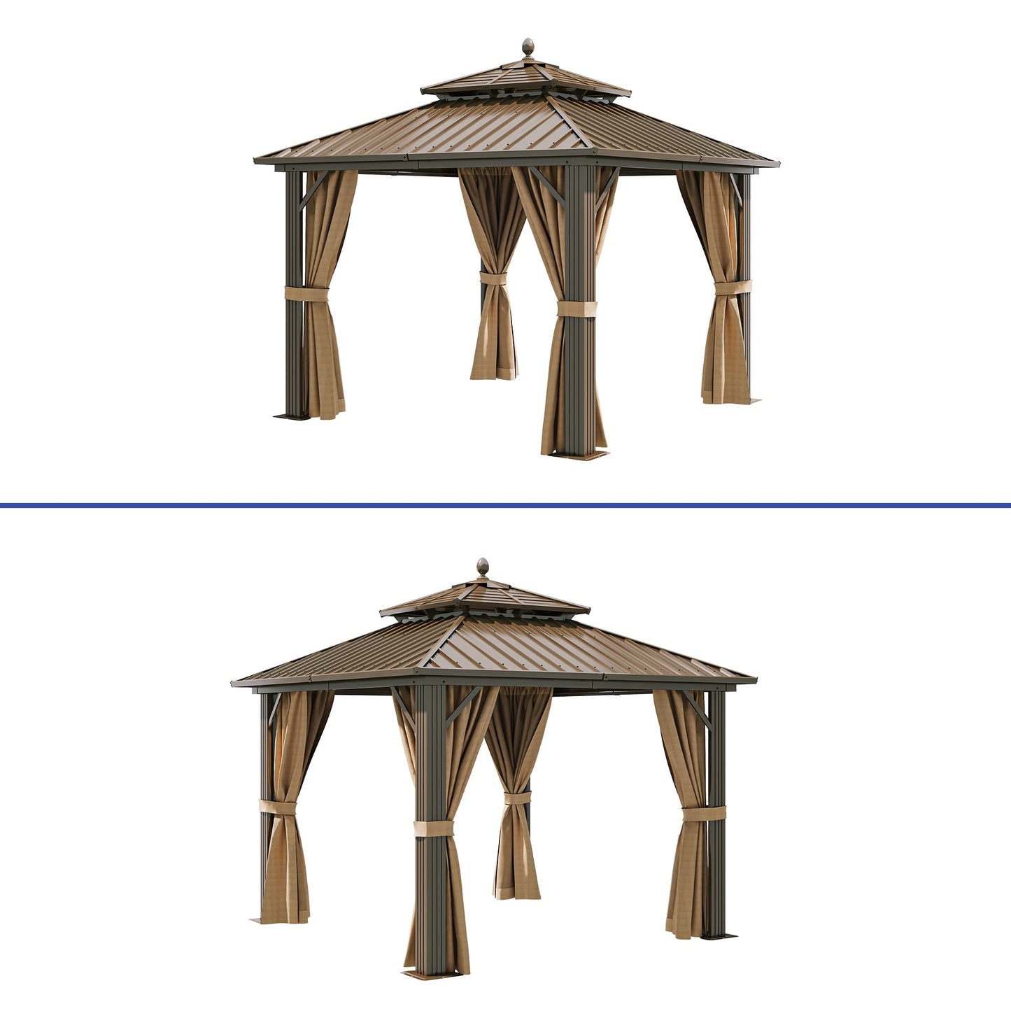 Mazonvintage 10' x 10' Double Roof Gazebo: Heavy Duty Galvanized Steel wit Netting and Curtains in Bronze