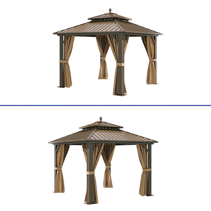 Mazonvintage 10' x 10' Double Roof Gazebo: Heavy Duty Galvanized Steel wit Netting and Curtains in Bronze