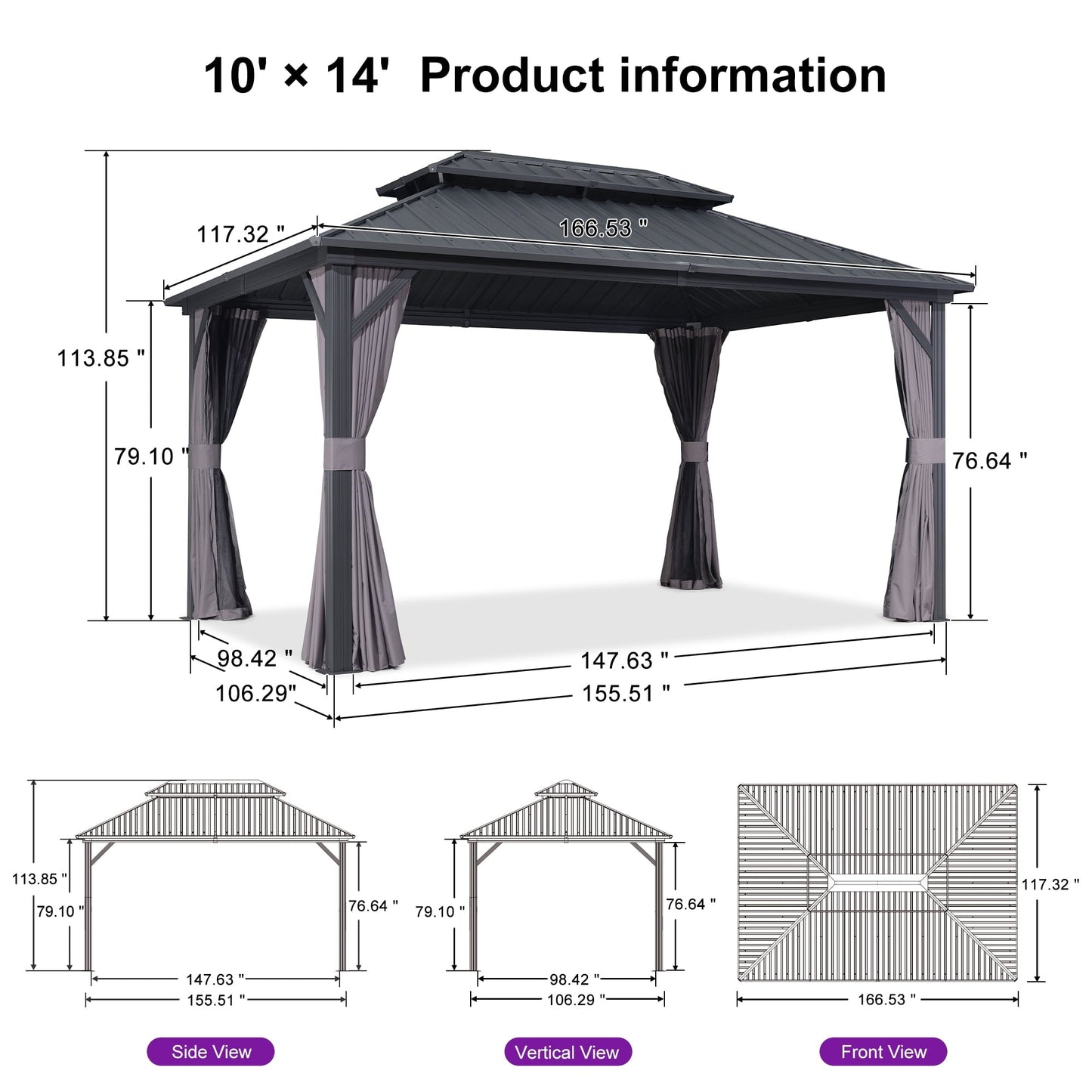 Mazonvintage 10' x 14' Permanent Mazonvintage Gazebo Aluminum Frame Gazebo with Galvanized Steel Double Roof, UV-Resistant for Mazonvintage Patio Lawn and Garden, Netting & Curtains included - Grey