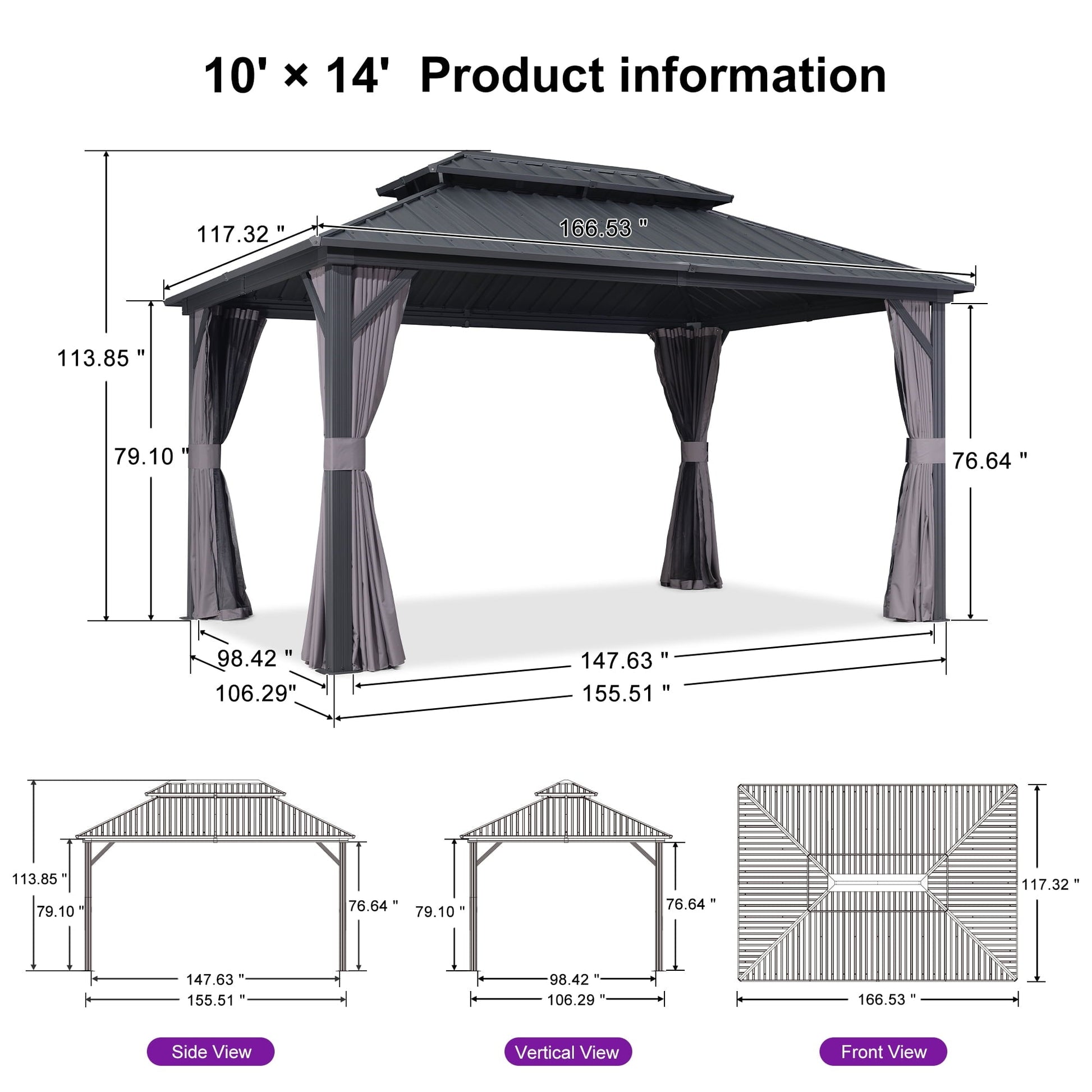 Mazonvintage 10' x 14' Permanent Mazonvintage Gazebo Aluminum Frame Gazebo with Galvanized Steel Double Roof, UV-Resistant for Mazonvintage Patio Lawn and Garden, Netting & Curtains included - Grey