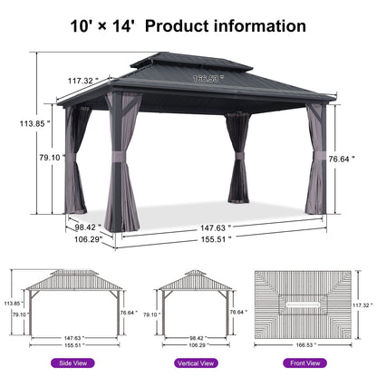 Mazonvintage 10' x 14' Permanent Mazonvintage Gazebo Aluminum Frame Gazebo with Galvanized Steel Double Roof, UV-Resistant for Mazonvintage Patio Lawn and Garden, Netting & Curtains included - Grey