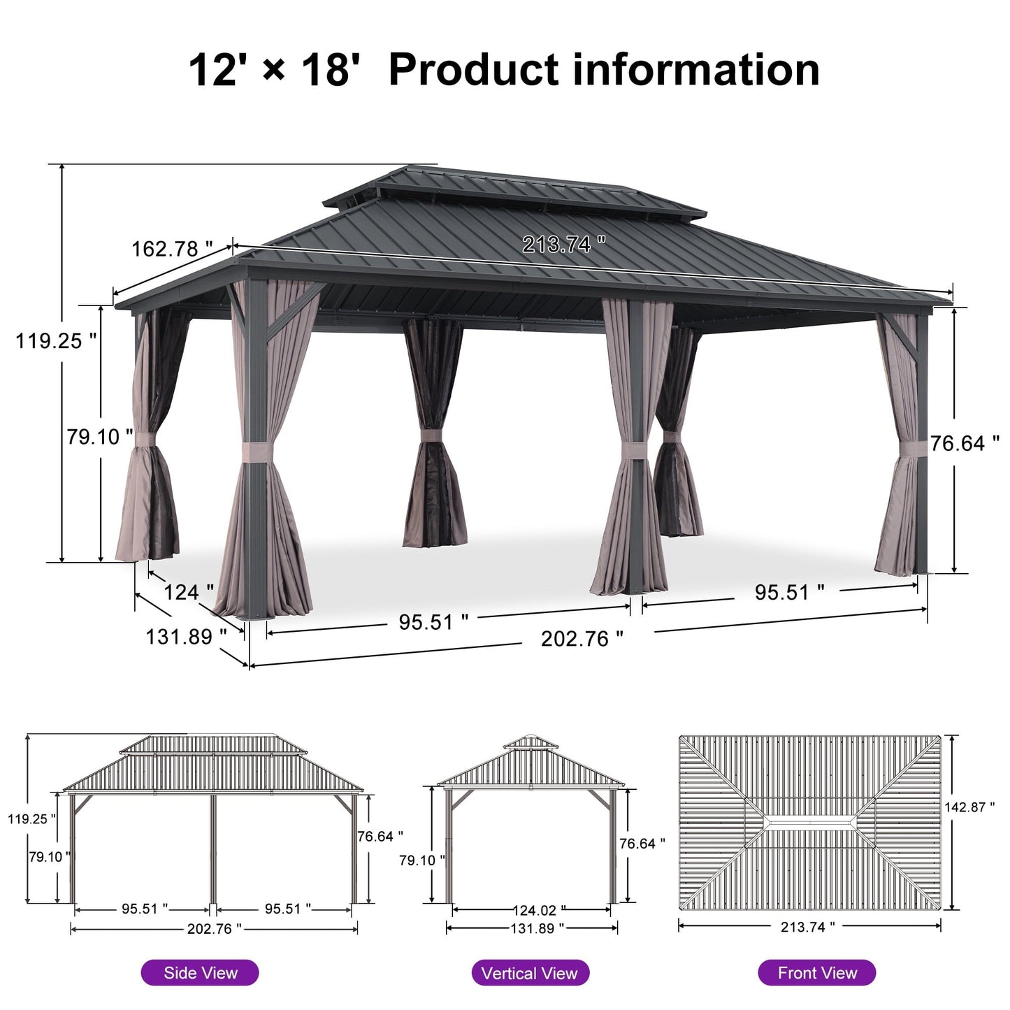 Mazonvintage LEAF 12' x 16' Permanent Hardtop Gazebo Aluminum Frame Gazebo with Galvanized Steel Double Roof, UV-Resistant for Mazonvintage Patio Lawn and Garden, Netting & Curtains included - Grey