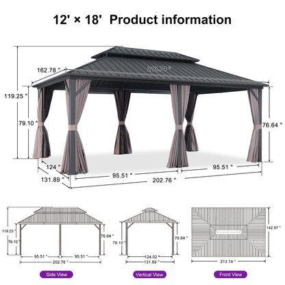 Mazonvintage LEAF 12' x 16' Permanent Hardtop Gazebo Aluminum Frame Gazebo with Galvanized Steel Double Roof, UV-Resistant for Mazonvintage Patio Lawn and Garden, Netting & Curtains included - Grey
