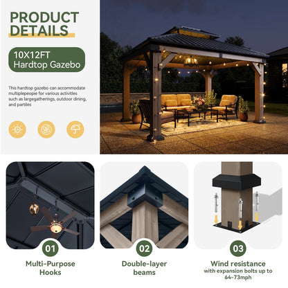 Mazonvintage 10' x 12' Outdoor Wood Gazebo, Mazonvintage Gazebo Permanent Wooden Pavilion with Galvanized Steel Double Roof, for Patio, Garden, Deck, Cedar Wood