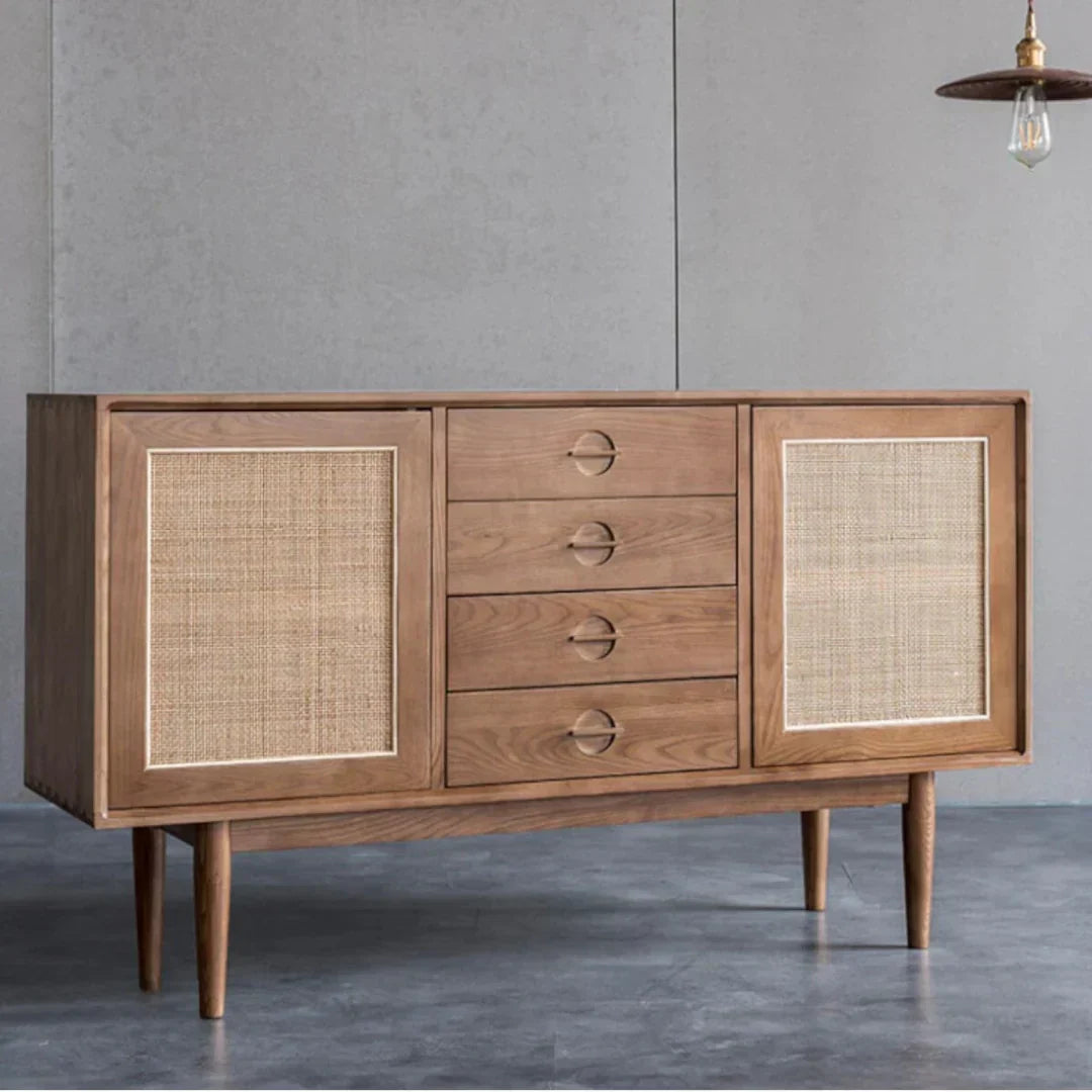Edwin Ash Wood & Rattan Sideboard 2 Doors with Four Drawers