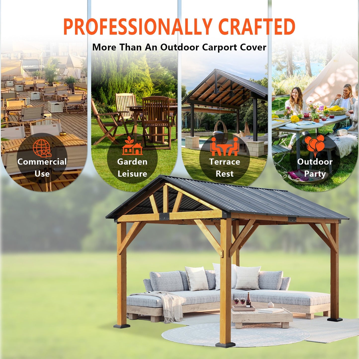 Mazonvintage Fir Wood Carport Pavilion All Weather Mazonvintage Galvanized Steel Roof Heavy Duty Gazebo Backyard Patio Garden Shelter