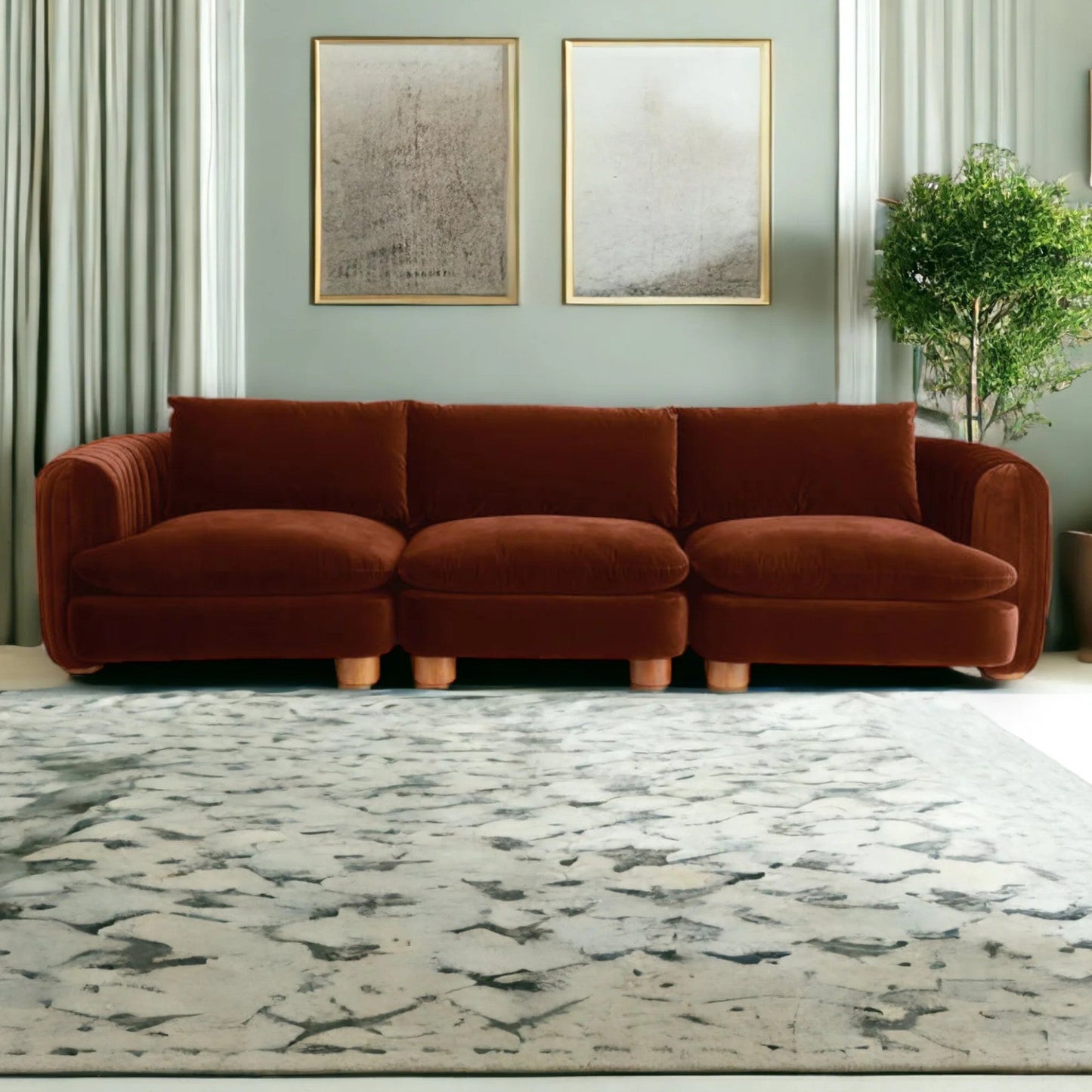 Eilis Teak Wood & Fabric 3 Seater Sofa