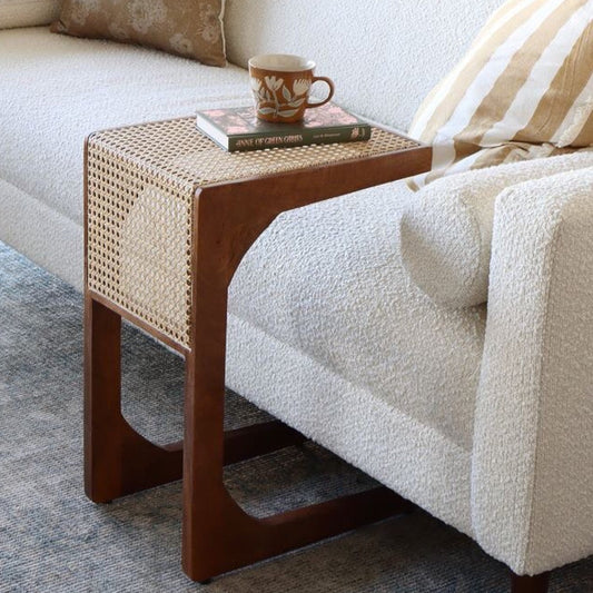 Elea Walnut Wood & Rattan Side Table