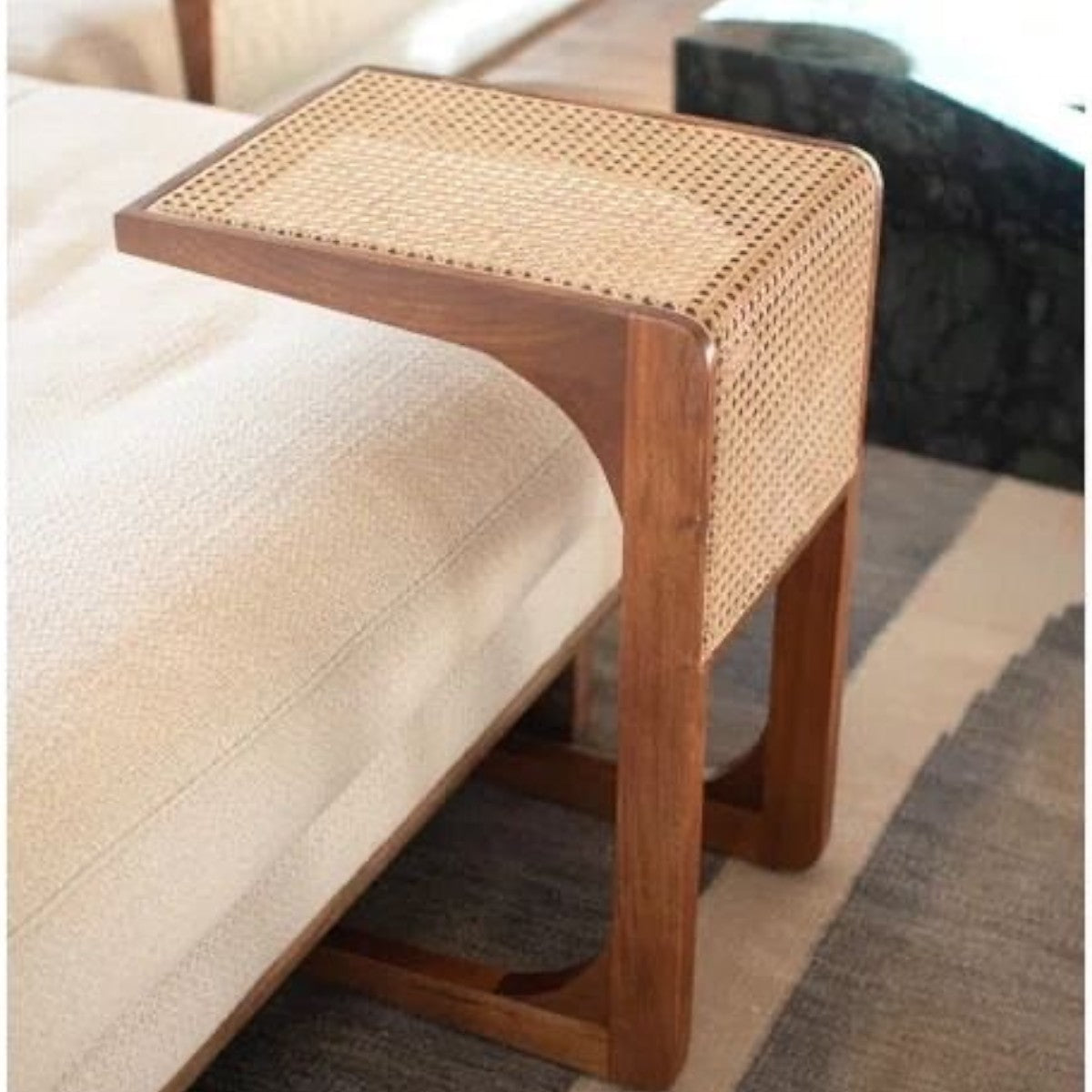 Elea Walnut Wood & Rattan Side Table