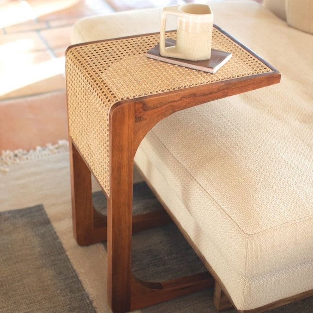 Elea Walnut Wood & Rattan Side Table