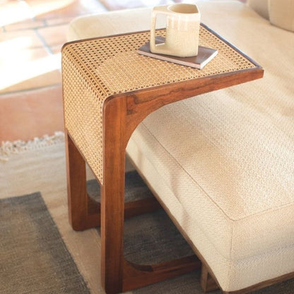 Elea Walnut Wood & Rattan Side Table