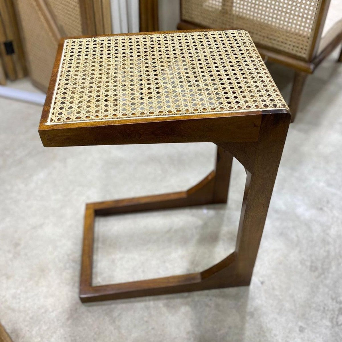 Elea Walnut Wood & Rattan Side Table