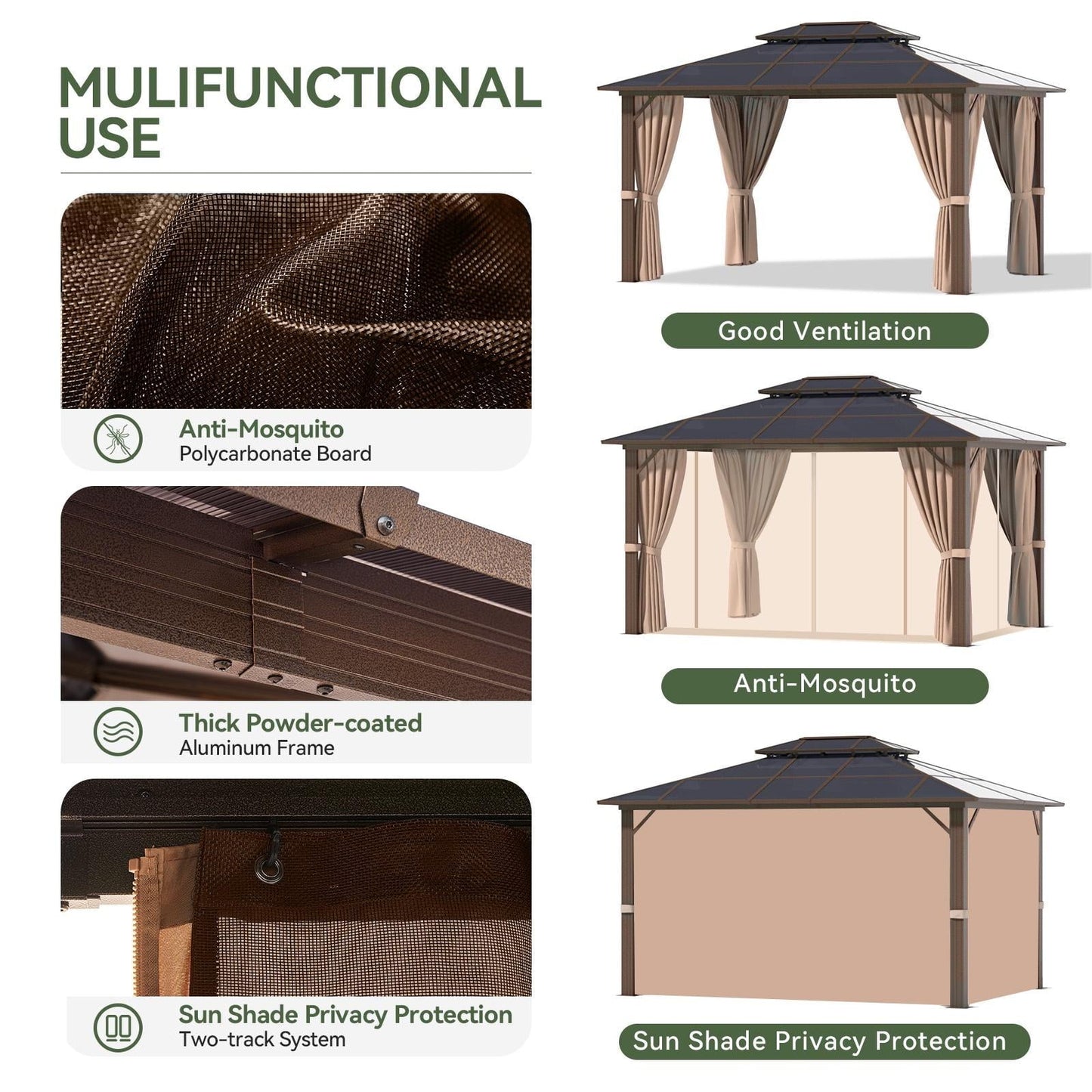 Mazonvintage 10 ft. x 12 ft. Hardtop Gazebo, Double Polycarbonate Roof Aluminum Frame Gazebo W/Curtain and Netting, Brown