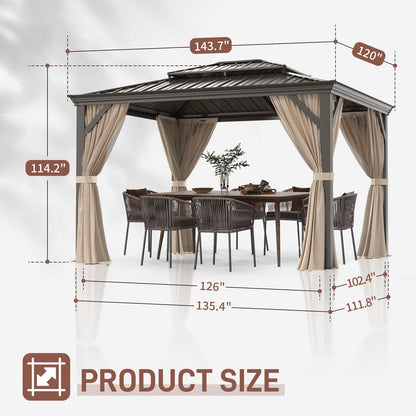 Mazonvintage Mazonvintage Gazebo, Aluminum Frame Canopy with Double Galvanized Steel Roof, Outdoor Metal Pavilion with Netting, Curtains for Backyard 10' x 12'
