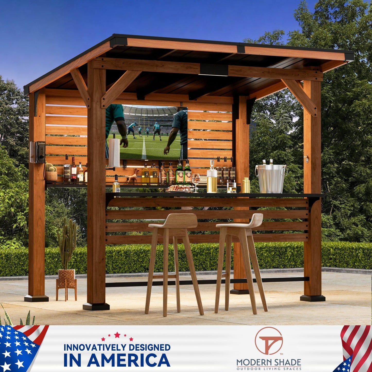 Modern Shade Cedar Wood Entertainment Gazebo with Hardtop Roof, Grill Bar Center, Shelves, TV Mount & Power Strip for Patio or Garden
