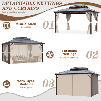 Mazonvintage 12'x16' Outdoor Polycarbonate Double Roof Mazonvintage Gazebo Canopy Curtains Aluminum Frame with Netting for Garden,Patio