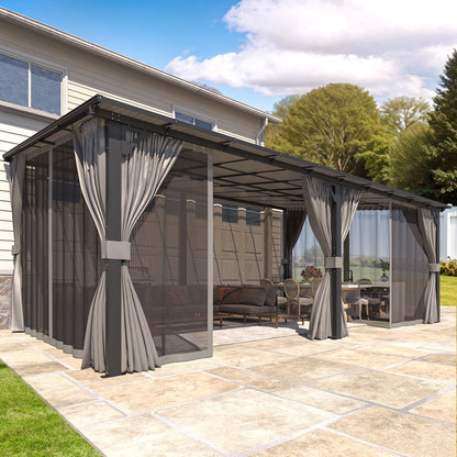 Mazonvintage 20' x 12' Lean to Gazebo with Netting and Curtain Outdoor Mazonvintage Gazebo Aluminum Metal Pergola ​For Garden, Patio, Backyard-​Dark ​Gray