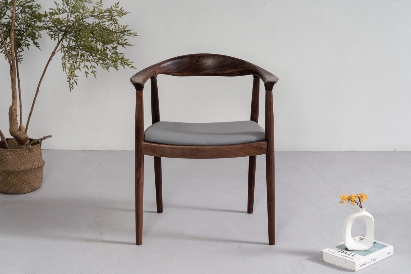 Mazonvintage-Mid Century Modern Solid Black Walnut Chair with Leather