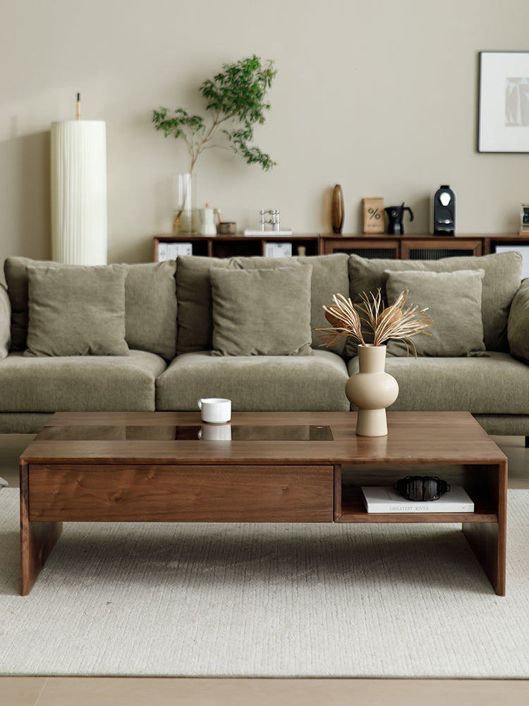 Mazonvintage-Competency Glass Multi-Layer Walnut Wood Coffee Table