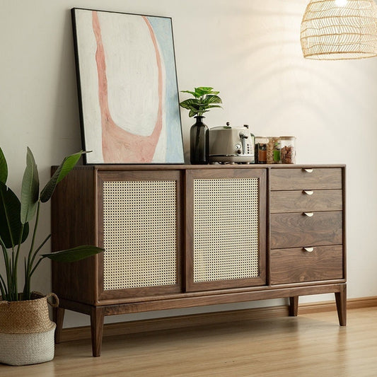 Mazonvintage-Stellar Japanese Style Solid Walnut Sideboard with Rattan Doors
