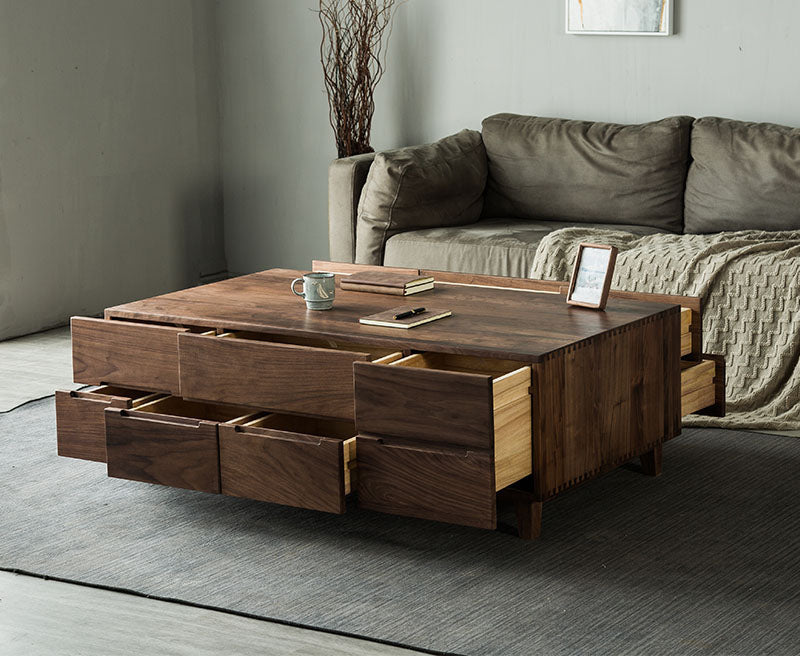 Mazonvintage-Bespoke Multi-Drawers Solid Black Walnut Wood Rectangle Coffee Table