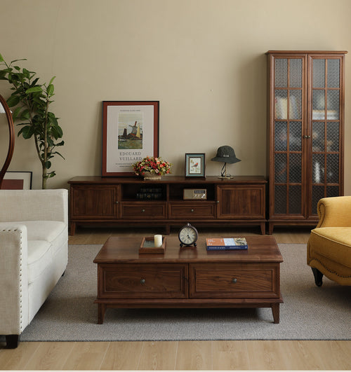 Mazonvintage-American Retro Black Walnut Wood Coffee Table with 2 Drawers
