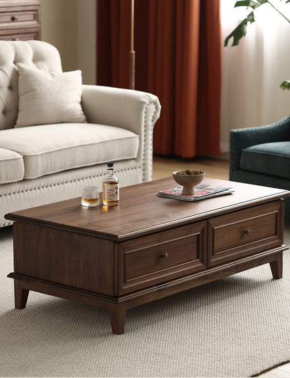 Mazonvintage-American Retro Black Walnut Wood Coffee Table with 2 Drawers