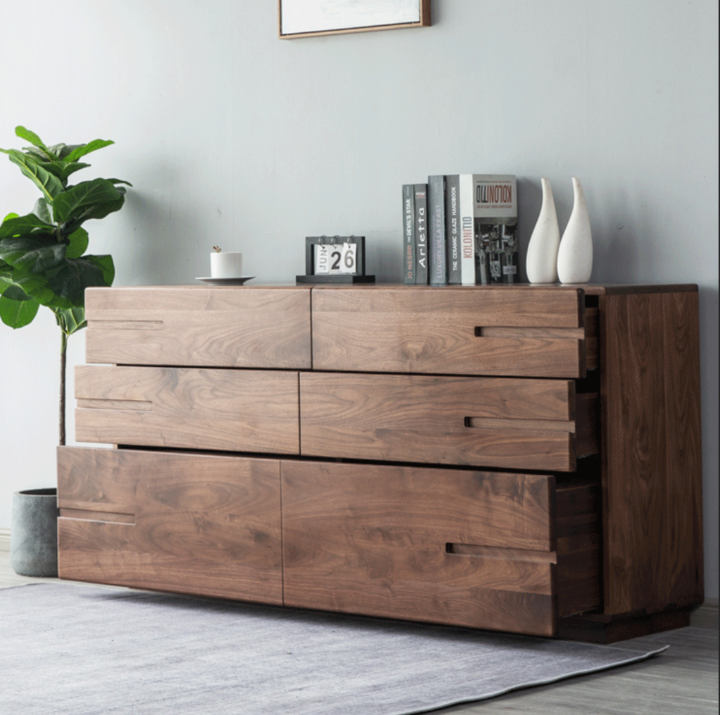 Mazonvintage-Natural Finish Surface Walnut Wood Dresser with Hidden Knob